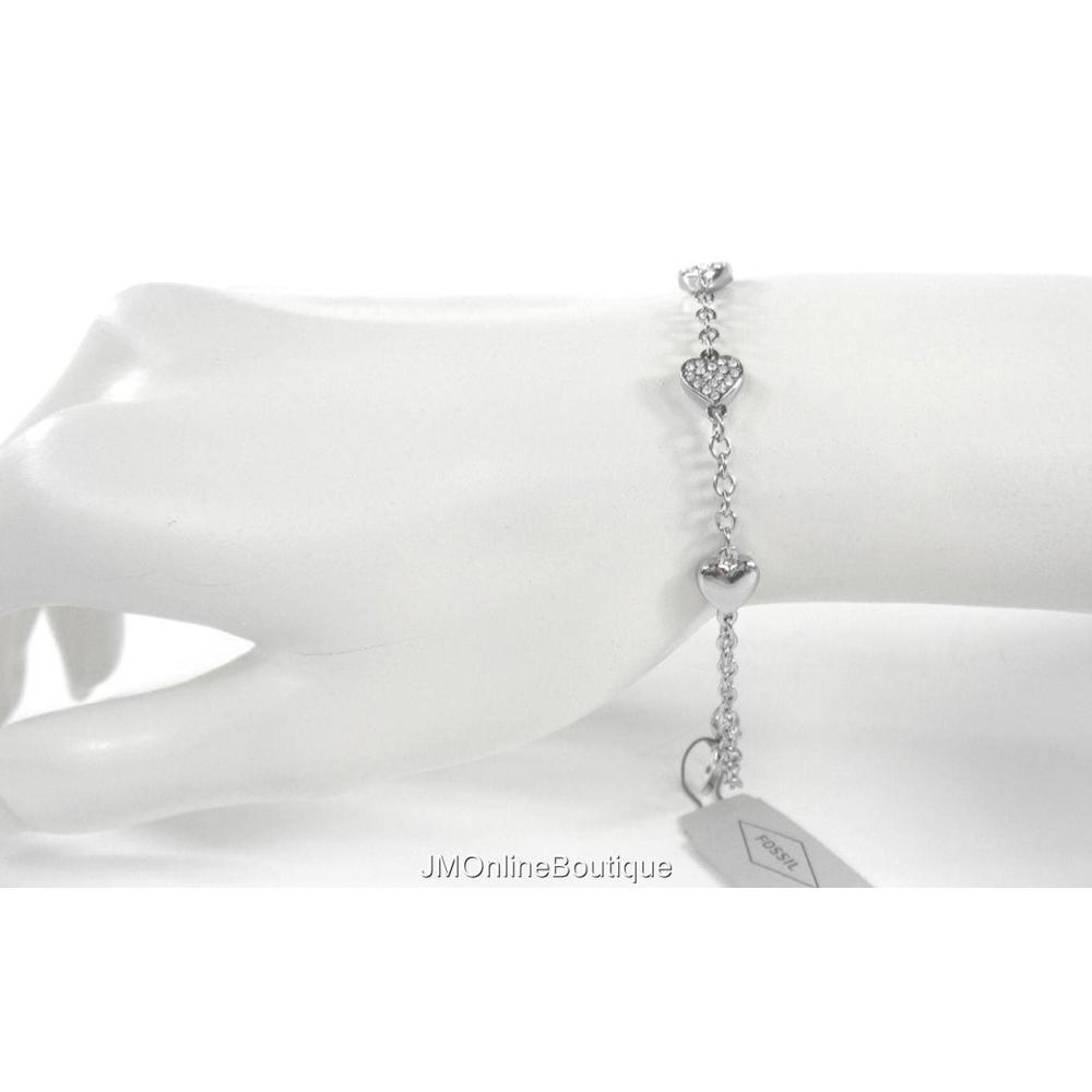 Fossil JOA00326040 Hearts Charms Pave Crystals Silver tone Chain Bracelet NEW!